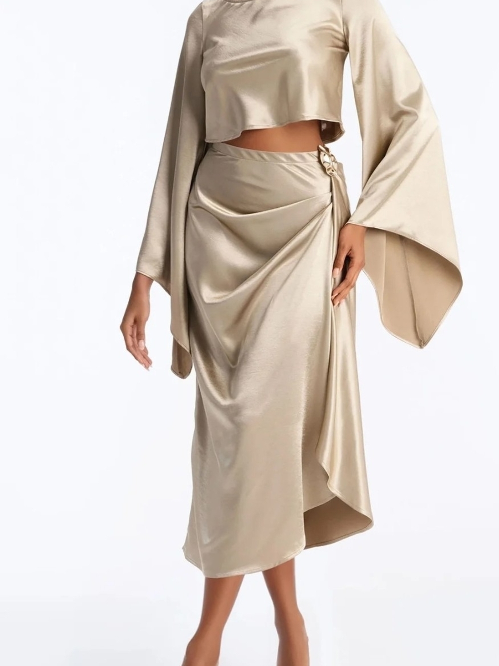 Satin Drape Midi Skirt in Champagne